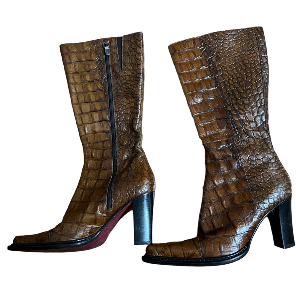 Vintage Donald Pliner Croc Leather Knee High Boots